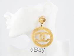 CHANEL CC Logos Sunburst Hoop Dangle Earrings Gold Clips 27 Vintage v1724