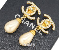 CHANEL CC Logos Turnlock Dangle Earrings Gold Tone Rhinestone 97P withBOX #2426