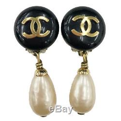 CHANEL CC Pearl Earrings Clip-On Gold Black 94A France Vintage Authentic #S965 M