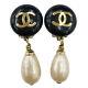 Chanel Cc Pearl Earrings Clip-on Gold Black 94a France Vintage Authentic #s965 M