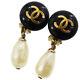 Chanel Cc Pearl Earrings Clip-on Gold Black 94 A France Vintage Authentic #cc226