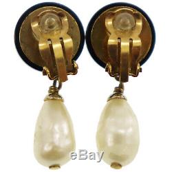 CHANEL CC Pearl Earrings Clip-On Gold Black 94 A France Vintage Authentic #CC226