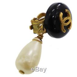 CHANEL CC Pearl Earrings Clip-On Gold Black 94 A France Vintage Authentic #CC226