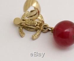 CHANEL CC Red Gripoix stone Dangle Earrings Gold tone 07A withBOX v736