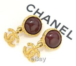 CHANEL CC Red Stones dangle Earrings Gold Clip-On Vintage withBOX v776