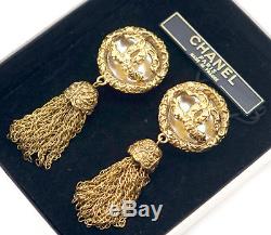 CHANEL CC Tassel Fringe Dangle Earrings Gold Clips 93A withBOX Vintage #1424