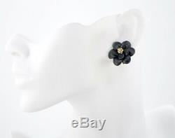 CHANEL Camellia Button Earrings Black & Gold & Rhinestone withBOX m8774