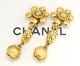 Chanel Camellia Flower Dangle Earrings Gold Tone Vintage Withbox #2189
