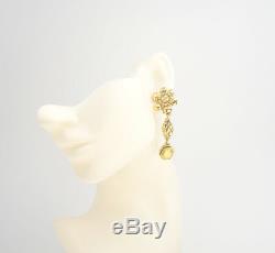 CHANEL Camellia Flower Dangle Earrings Gold Tone Vintage withBOX #2189