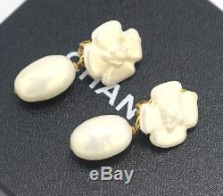 CHANEL Camellia Flower Pearl Dangle Earrings Gold Clips 98C withBOX #2527