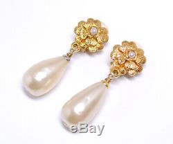 CHANEL Camellia Flower Pearl Dangle Earrings Gold Clips Vintage 93A #1543