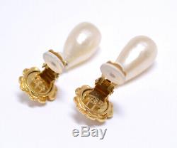 CHANEL Camellia Flower Pearl Dangle Earrings Gold Clips Vintage 93A #1543