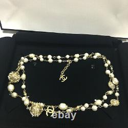 CHANEL Classic CC LOGO White Pearl Bronze 3CC Gold Necklace Classic 50Inch Chain