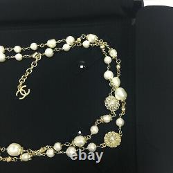 CHANEL Classic CC LOGO White Pearl Bronze 3CC Gold Necklace Classic 50Inch Chain