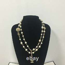 CHANEL Classic CC LOGO White Pearl Bronze 3 CC Gold Necklace Classic 50Inch Chai