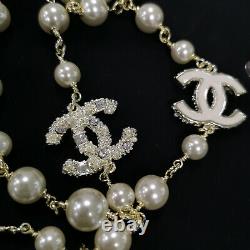 CHANEL Classic CC Logo Crystal Square Diamond Pale Gold Pearl 24 Long Necklace