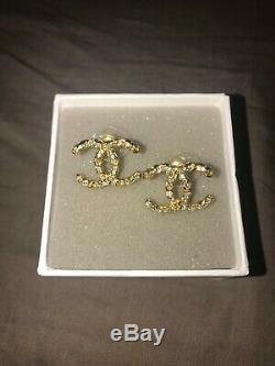 CHANEL Classic CC Logo Crystal Stud Twisted Shape Earrings Gold Tone with Box