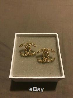 CHANEL Classic CC Logo Crystal Stud Twisted Shape Earrings Gold Tone with Box