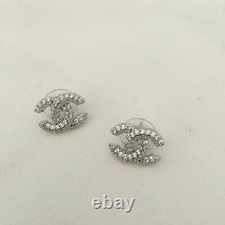 CHANEL Classic CC Logo Silver Stud Earrings Crystal Earrings