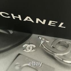 CHANEL Classic CC Logo Silver Stud Earrings Crystal Earrings