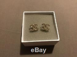 CHANEL Classic CC Shape Logo Crystal Stud Earrings Gold Tone with Box