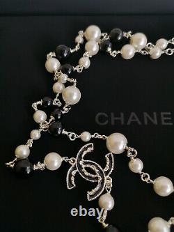 CHANEL Classic White/Black Pearl 2CC Logo Dangle Charm Pale Gold Chain Necklace