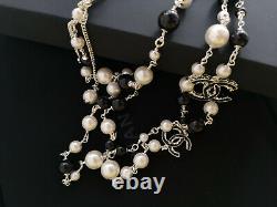 CHANEL Classic White/Black Pearl 2CC Logo Dangle Charm Pale Gold Chain Necklace