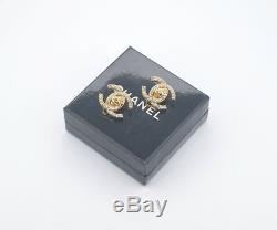 CHANEL Crystal Turn Lock Earrings 0.8 0.7 Gold Rhinestone Clips 96A v861