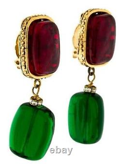 CHANEL Earrings CC Gripoix Strass Gold Red Green 1986 Dangles Clip Vintage