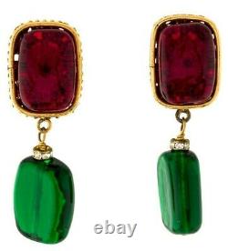 CHANEL Earrings CC Gripoix Strass Gold Red Green 1986 Dangles Clip Vintage