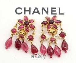 CHANEL Flower dangle Earrings Bordeaux Stone Gold Clips withBOX RARE v1268