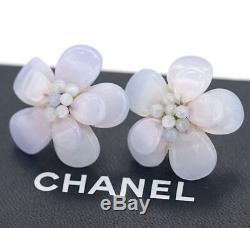 CHANEL Gripoix Camellia Flower Stud Earrings Pale Purple Vintage withBOX v1345