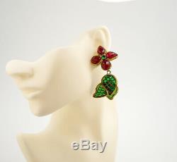 CHANEL Gripoix Stones Flower Drop Dangle Earrings Gold Tone Clips Vintage v1268