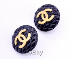CHANEL HUGE Black Quilted Button Earrings Gold Tone Vintage withBOX a70