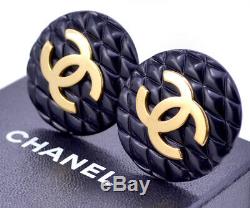 CHANEL HUGE Black Quilted Button Earrings Gold Tone Vintage withBOX g399