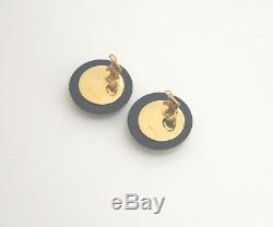 CHANEL HUGE Black Quilted Button Earrings Gold Tone Vintage withBOX g399