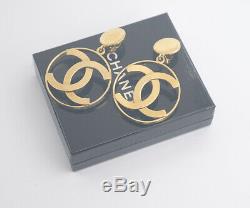 CHANEL Jumbo CC Logos Dangle Earrings Gold Tone Clips withBOX