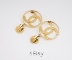 CHANEL Jumbo CC Logos Dangle Earrings Gold Tone Clips withBOX NN