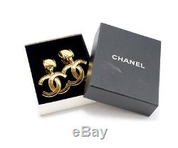 CHANEL Large CC Logos Dangle Earrings Gold Tone Clips 94P withBOX v1704