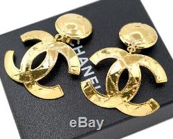 CHANEL Large CC Logos Dangle Earrings Gold Tone Vintage 94P withBOX I6122
