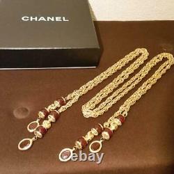 CHANEL Lariat Red Gripoix Double Chain Necklace 39 Gold Tone Vintage v1629