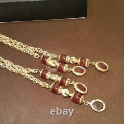 CHANEL Lariat Red Gripoix Double Chain Necklace 39 Gold Tone Vintage v1629