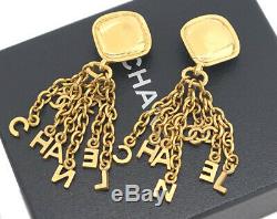 CHANEL Logo Fringe Dangle Earrings Gold Tone Vintage withBOX NN
