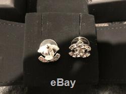 CHANEL Mini CC Logo Crystal Stud Earrings Silver & Rhinestone withBOX