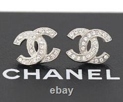 CHANEL Mini CC Logo Crystal Stud Earrings Silver & Rhinestone withBOX #5082