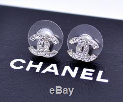 CHANEL Mini CC Logos Crystal Stud Earrings Silver 10V withBOX