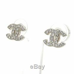 CHANEL Mini CC Logos Crystal Stud Earrings Silver & Rhinestone withBOX #3380