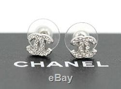 CHANEL Mini CC Logos Crystal Stud Earrings Silver withBOX v1712