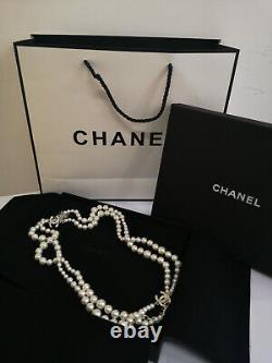 CHANEL NIB Gold Pearl Necklace 3 CC Logo Chain Classic Necklace Size 60