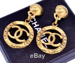 CHANEL Paris CC Logos Dangle Earrings Gold Tone Clip-On 28 Vintage withBOX NN